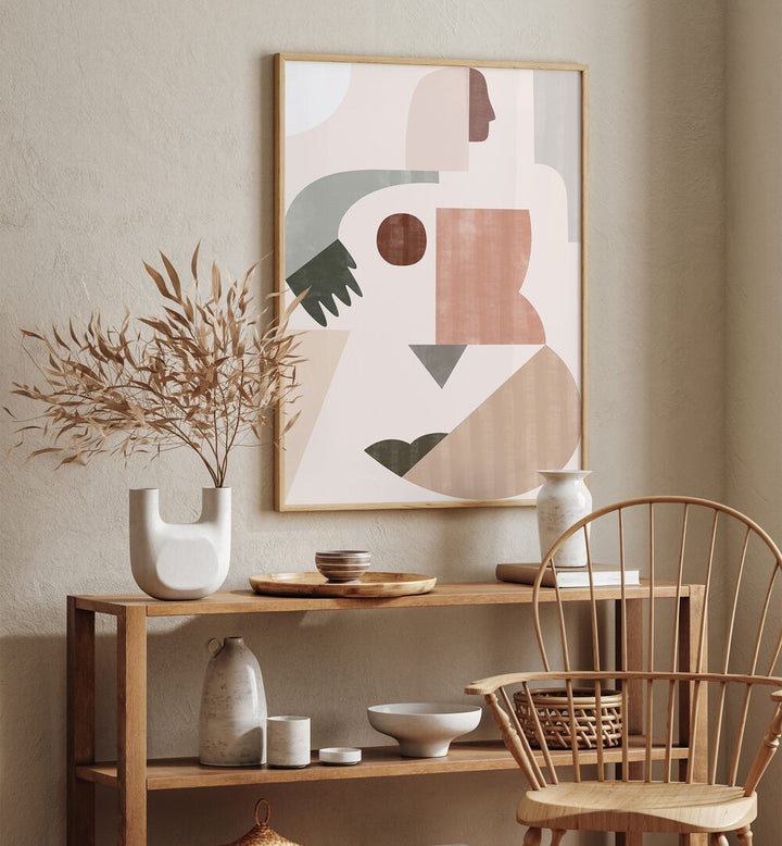 Stylish LADY GEOMETRY, BOHO ART PAINTINGS adorn a modern space, blending contemporary elegance with artistic flair.