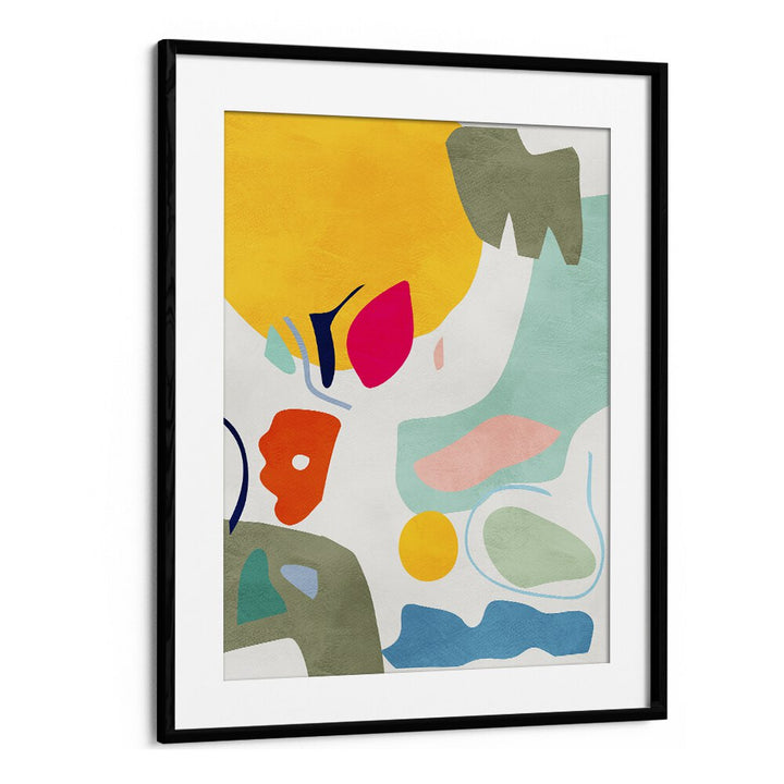 Colorful abstract painting, "LANDSCAPE INSPIRED CUT OUT, ABSTRACT PAINTINGS," by Ana Rut Bre in a black frame.