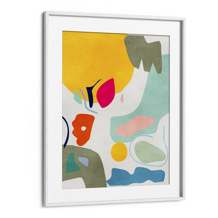 Colorful abstract composition in a white frame, showcasing the LANDSCAPE INSPIRED CUT OUT, ABSTRACT PAINTINGS by Ana Rut Bre.