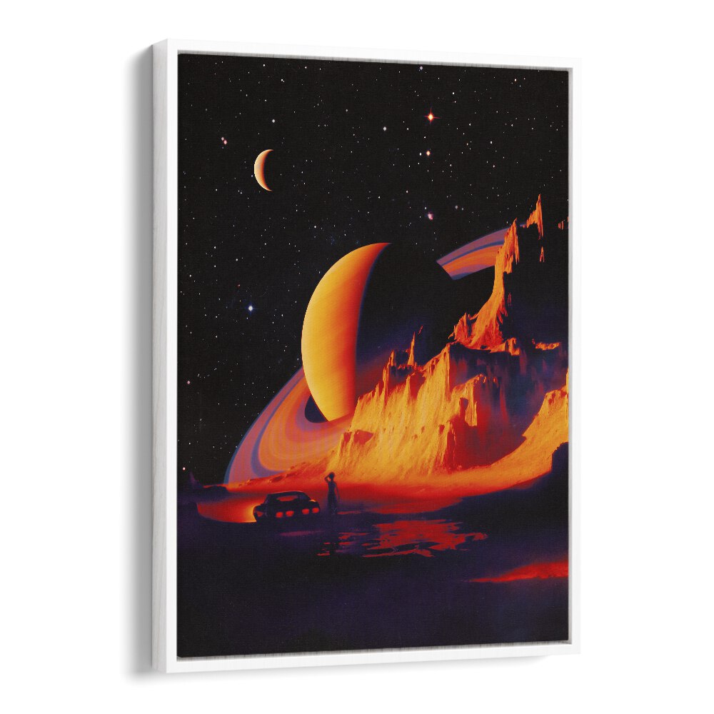 Vibrant LANDSCAPE, SURREAL ART PRINTS by Taudalpoi featuring cosmic elements in a stunning white floater frame.