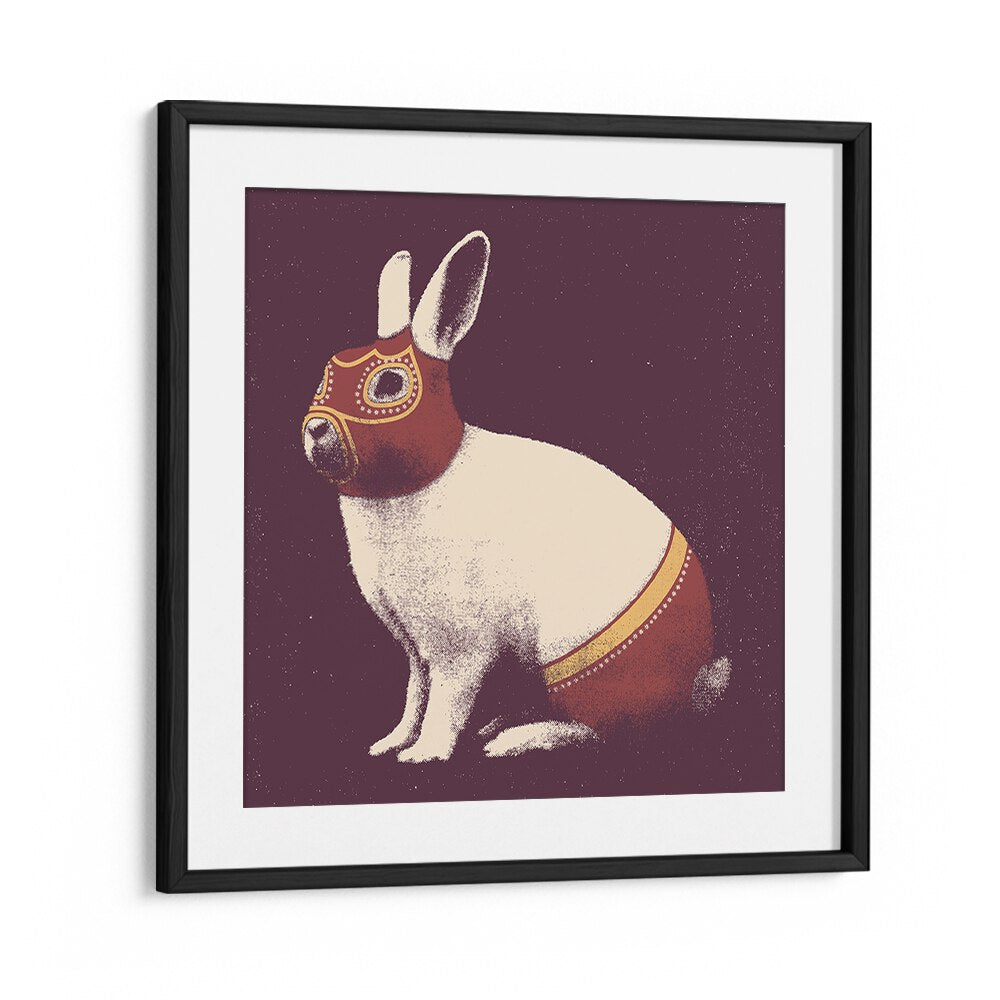 LAPIN CATCHEUR, ANIMAL PAINTINGS in a black frame featuring a whimsical rabbit illustration on a dark background.