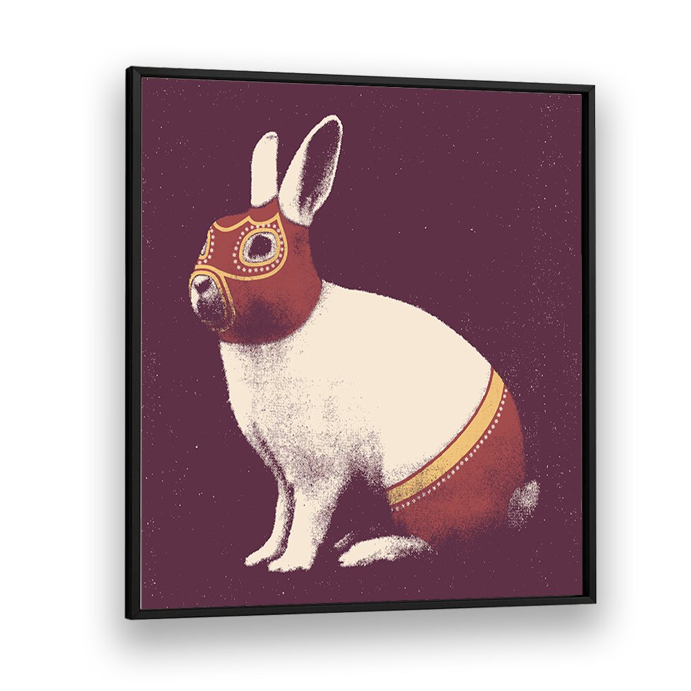 Whimsical LAPIN CATCHEUR, ANIMAL PAINTINGS featuring a framed rabbit in a colorful mask, perfect for unique decor.