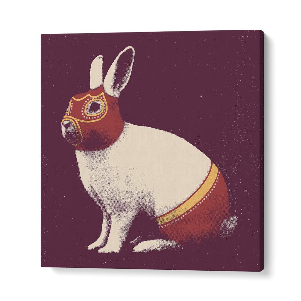 Whimsical LAPIN CATCHEUR , ANIMAL PAINTINGS showcasing a rabbit in a vibrant mask, perfect for unique decor.