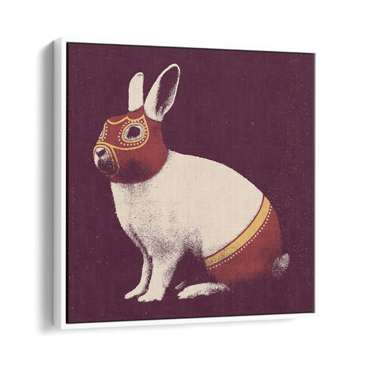 Whimsical LAPIN CATCHEUR, ANIMAL PAINTINGS featuring a masked rabbit in a stylish floater frame. Perfect for decor.