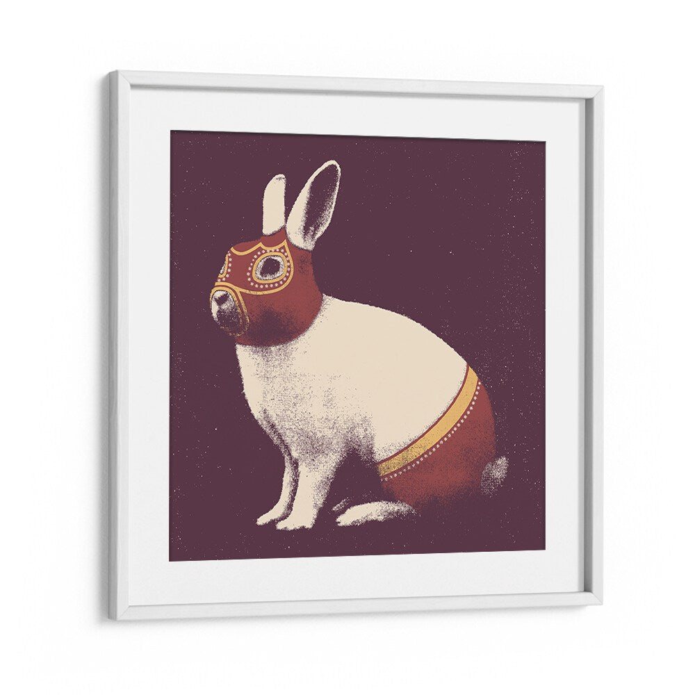 Whimsical LAPIN CATCHEUR, ANIMAL PAINTINGS featuring a masked rabbit in a stylish white frame. Perfect for your decor!