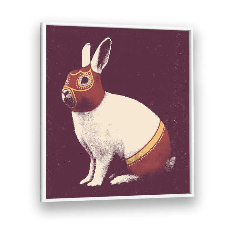 Colorful LAPIN CATCHEUR, ANIMAL PAINTINGS featuring a masked rabbit in a stylish white frame, perfect for decor.