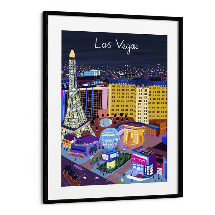 Stunning LAS VEGAS NIGHT VIEW, TRAVEL POSTERS by Carla Daly showcase the vibrant skyline in a sleek black frame.