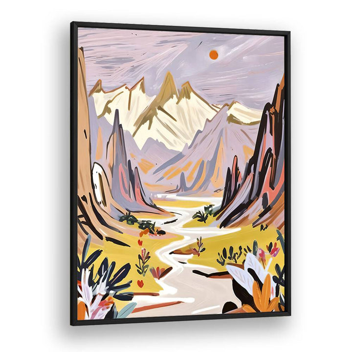 Tranquil Lavender Mountains, landscape paintings by Uma Gokhale, showcasing serene beauty in vibrant colors.