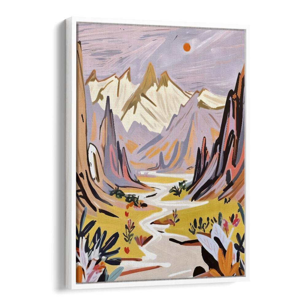 Serene Lavender Mountains, landscape paintings by Uma Gokhale, showcase tranquil beauty in vibrant hues.