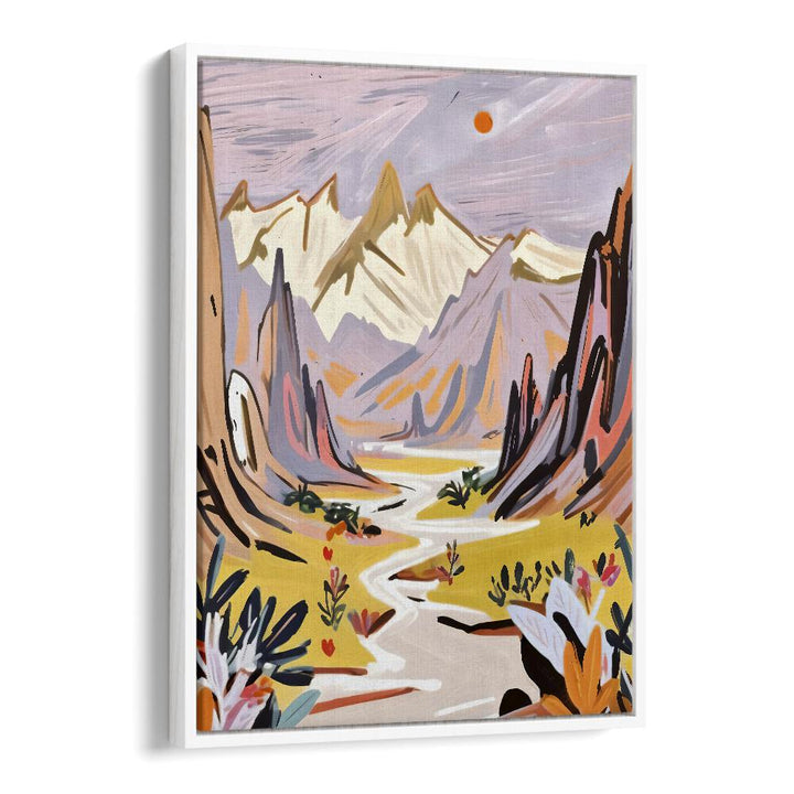 Serene Lavender Mountains, landscape paintings by Uma Gokhale, showcase tranquil beauty in vibrant hues.