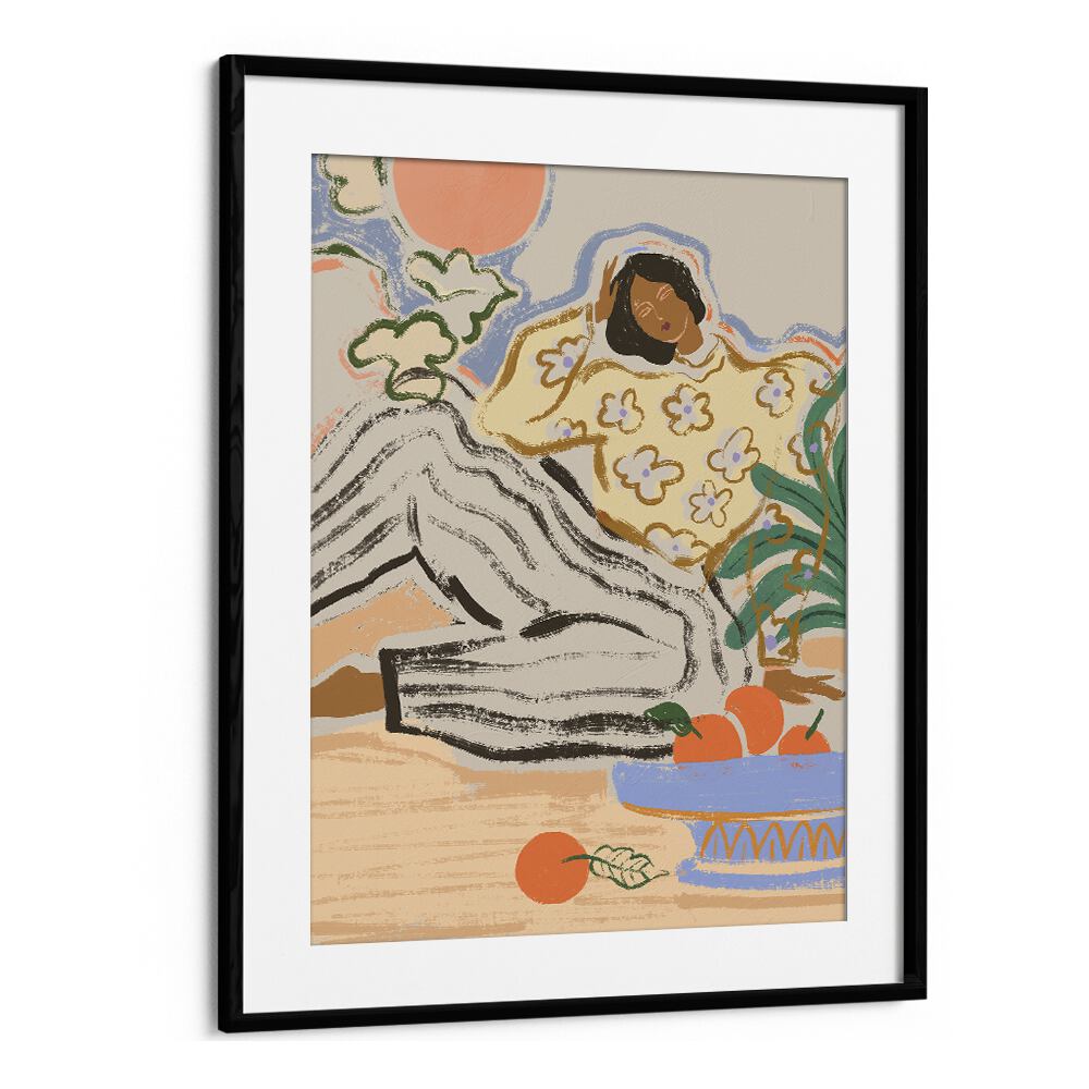 "LAZY DAYS, PORTRAITS by Arty Guava features a serene figure among vibrant colors, perfect for enhancing your space."