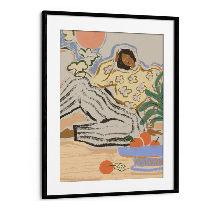 "LAZY DAYS, PORTRAITS by Arty Guava features a serene figure among vibrant colors, perfect for enhancing your space."