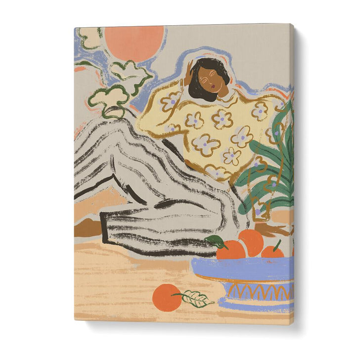 "LAZY DAYS, PORTRAITS by Arty Guava showcases a serene figure amidst vibrant elements, perfect for your living space."