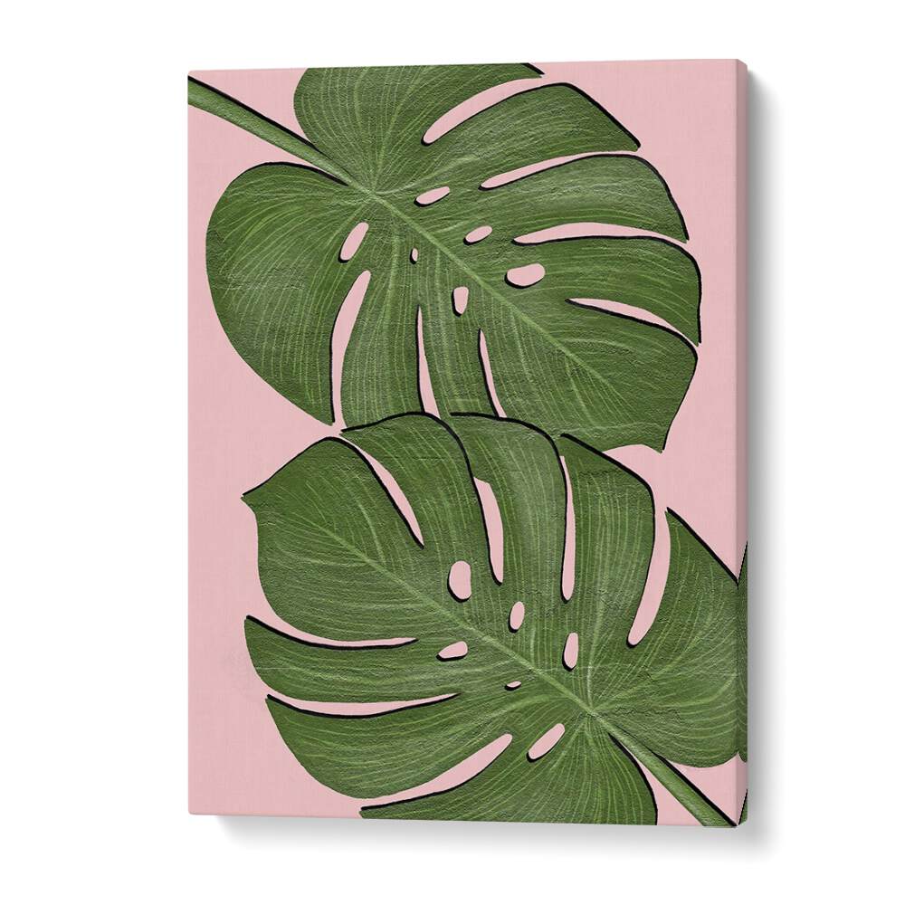 Exquisite LEAVES, FLORAL FLOWER PAINTINGS by Martina showcase lush green leaves against a soft pink background.
