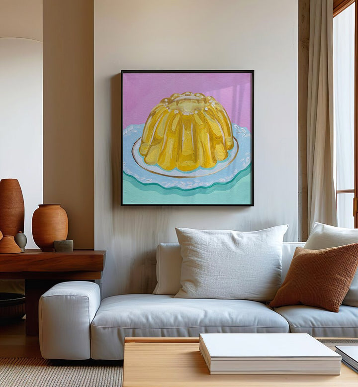 Lemon Jello By Key And Sea Creative Bar and Cafe Artwork in Black Plain Frame on a wall behind a white sofa