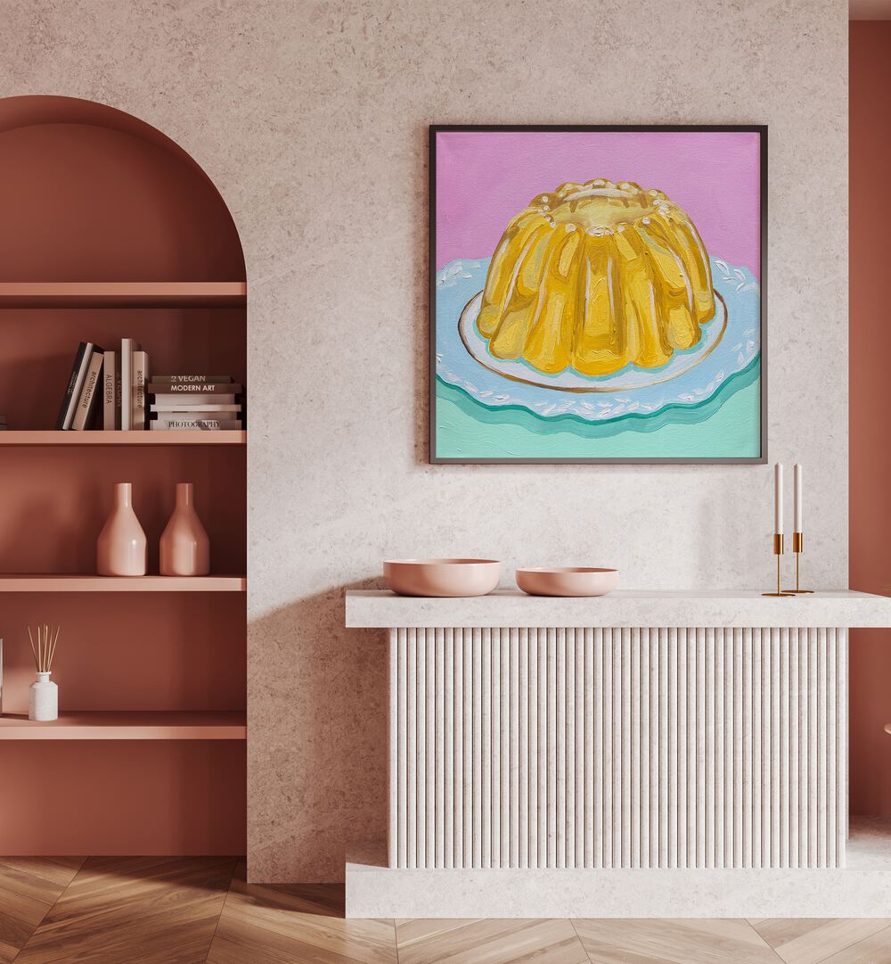 Lemon Jello By Key And Sea Creative Bar and Cafe Artwork in Black Plain Frame on a pink wall above a table