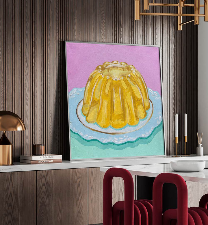 Lemon Jello By Key And Sea Creative Bar and Cafe Artwork in Black Plain Frame on a console table behind a dining table