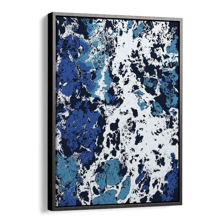 Liquid Patience, abstract paintings by Uma Gokhale, showcase vibrant blues and whites in a striking floater frame.