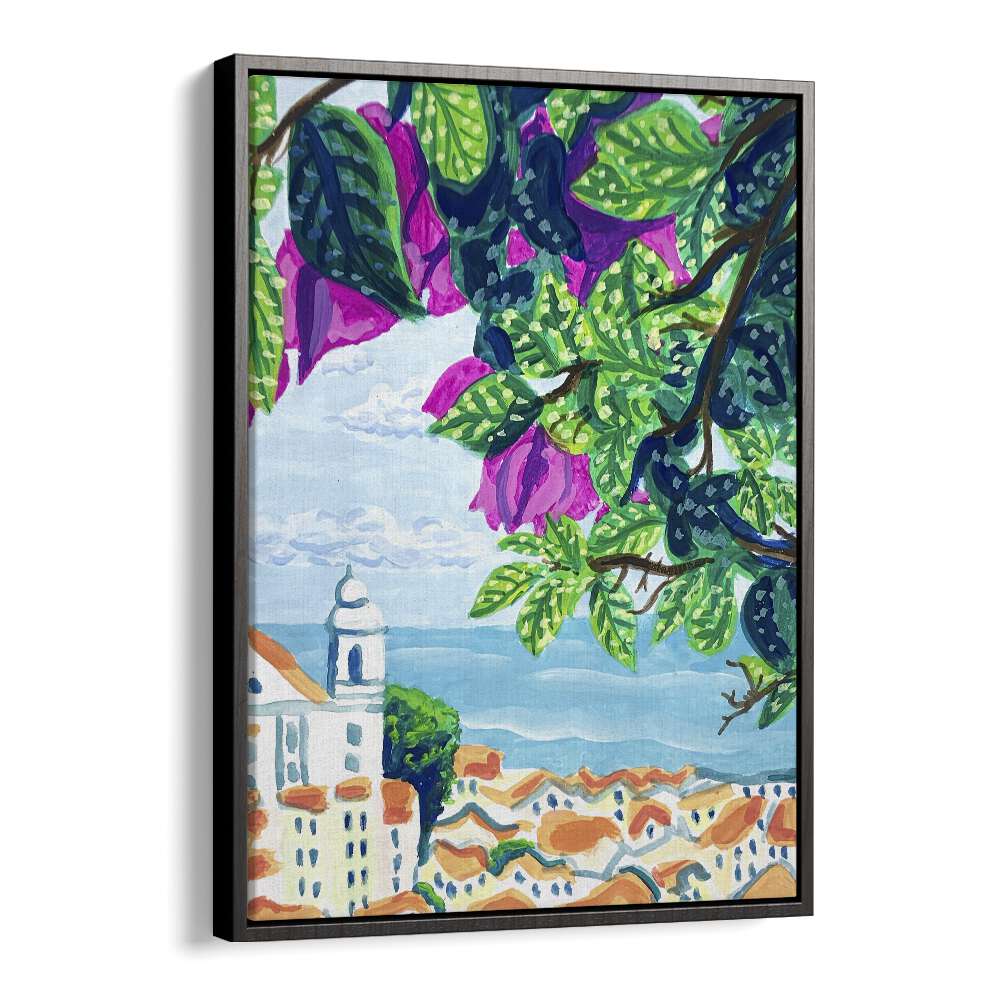 Vibrant LISBON, TRAVEL POSTERS art print by Key and Sea, showcasing Lisbon's charm with colorful blossoms and scenic views.