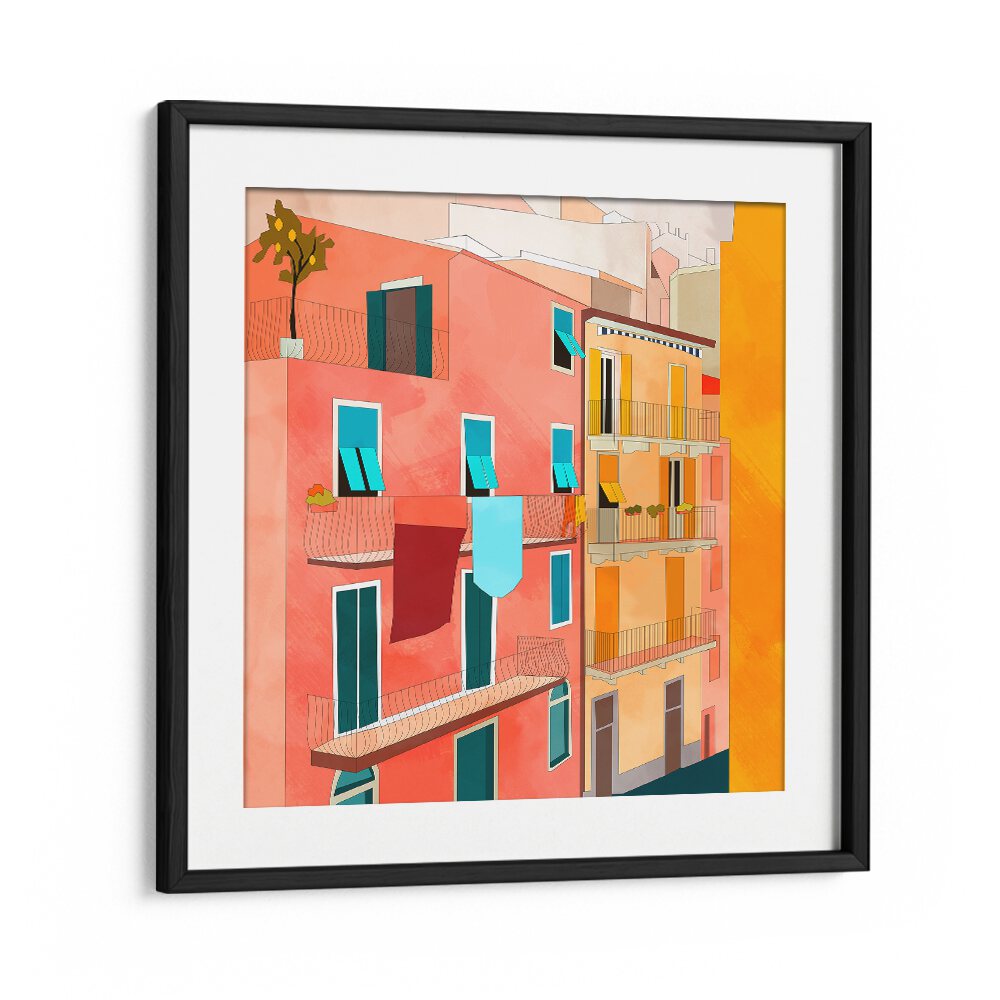 Brightly colored LITTLE ITALY HOUSES, LANDSCAPE PAINTINGS by Ana Rut Bre showcase charming Italian architecture.