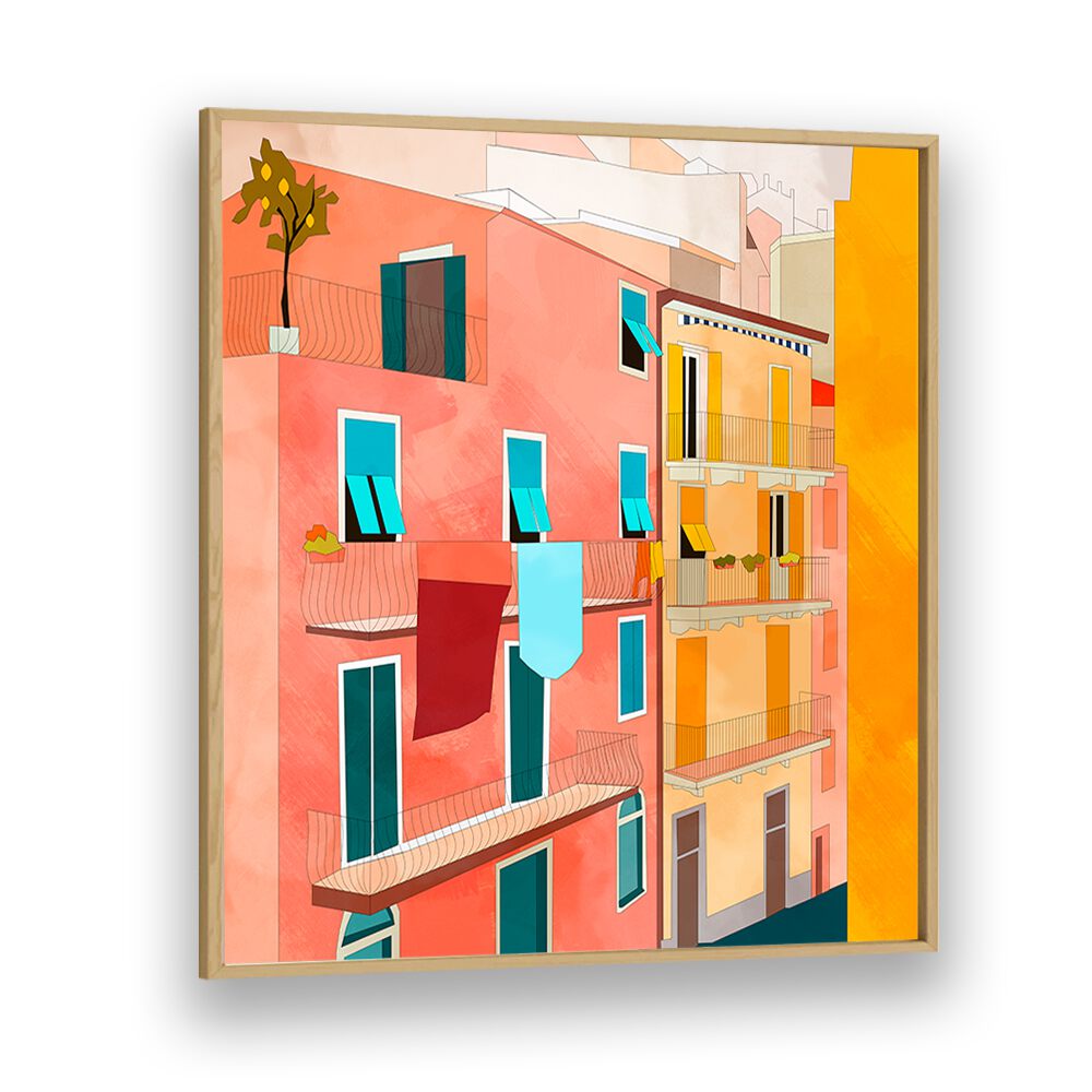 Vibrant LITTLE ITALY HOUSES, LANDSCAPE PAINTINGS by Ana Rut Bre showcase the charm of Italian homes in a stunning print.