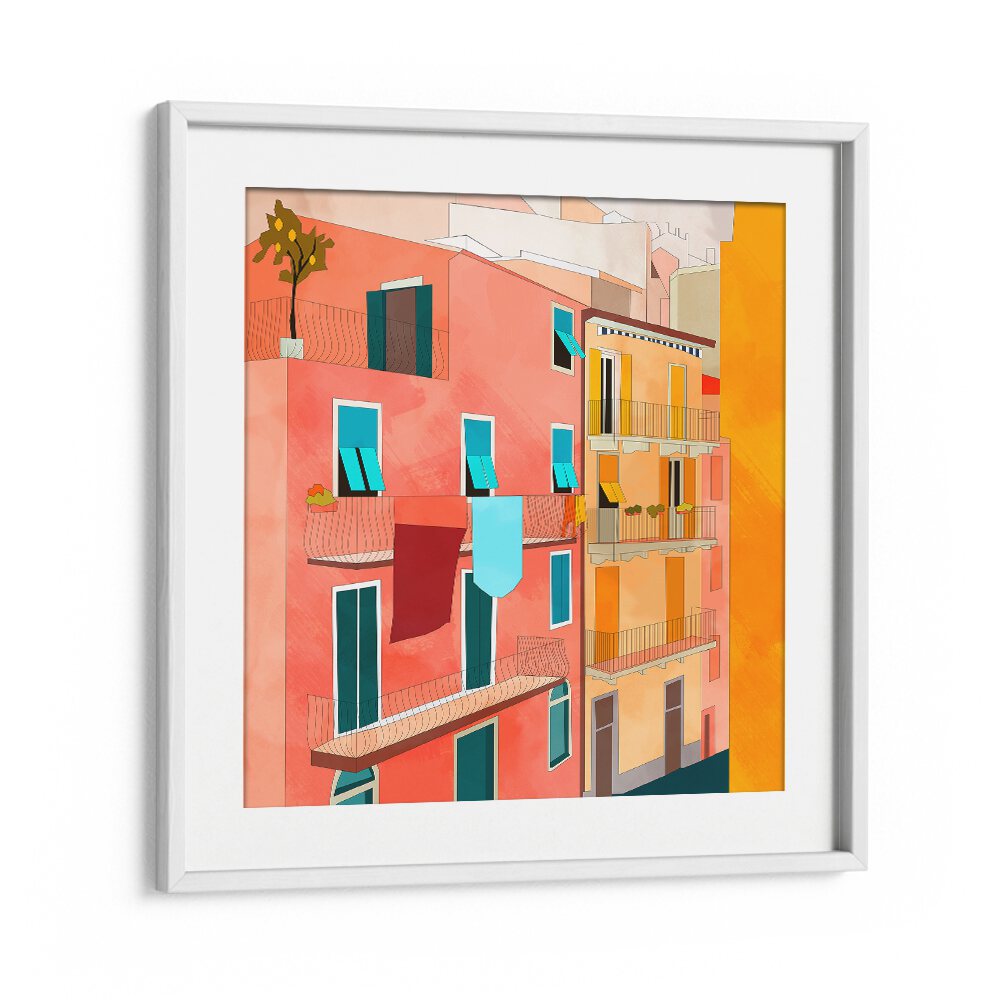 Vibrant LITTLE ITALY HOUSES, LANDSCAPE PAINTINGS capture the charm of Italian homes by Ana Rut Bre in a white frame.
