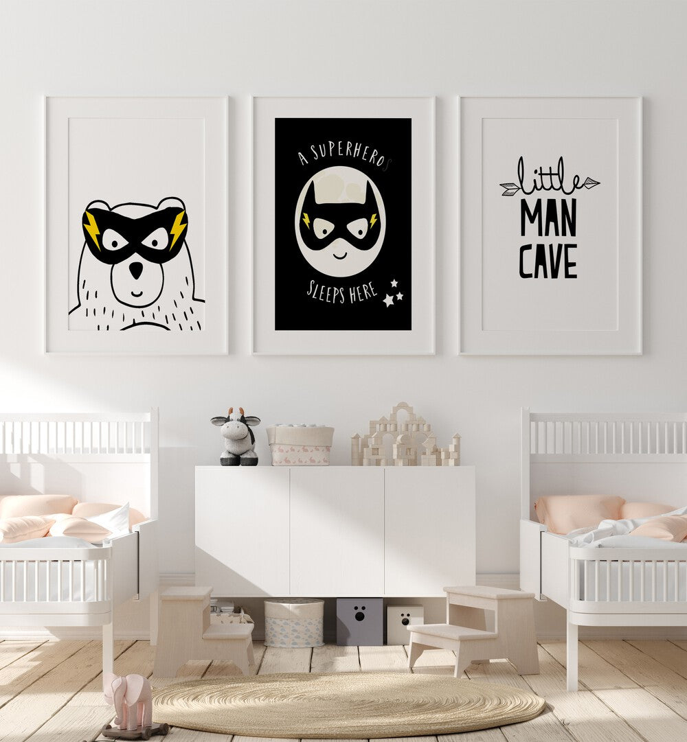 Enhance your child's room with the LITTLE MAN CAVE, SET OF 3 PAINTINGS, featuring whimsical framed art prints.