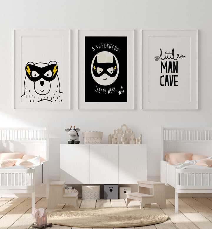 Enhance your child's room with the LITTLE MAN CAVE, SET OF 3 PAINTINGS, featuring whimsical framed art prints.