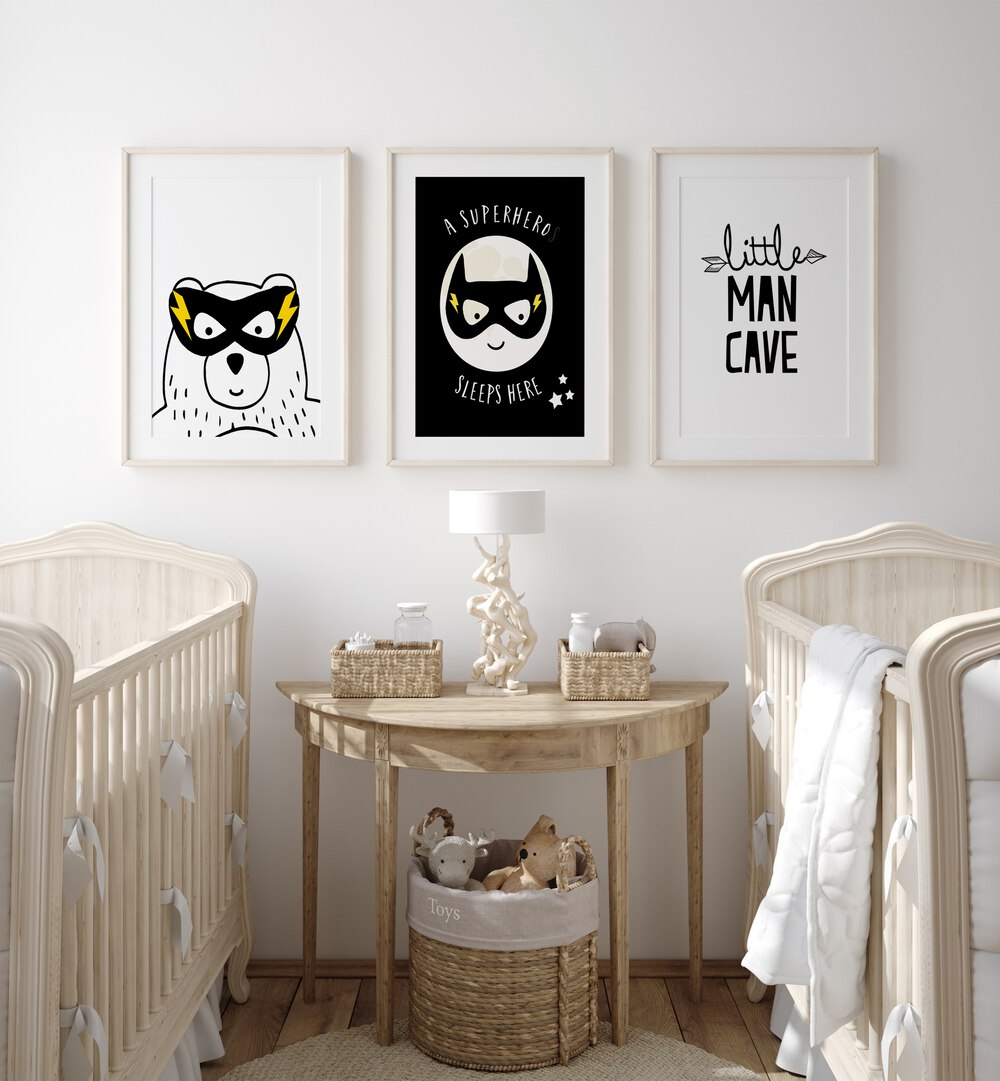 Create a whimsical nursery with the LITTLE MAN CAVE, SET OF 3 PAINTINGS, perfect for your little boy's room.