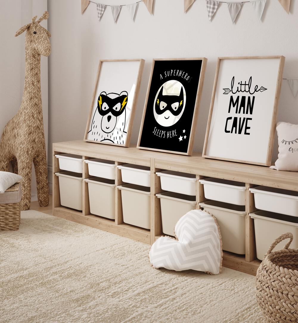 Transform your child's room with the LITTLE MAN CAVE, SET OF 3 PAINTINGS featuring fun, adventurous designs.