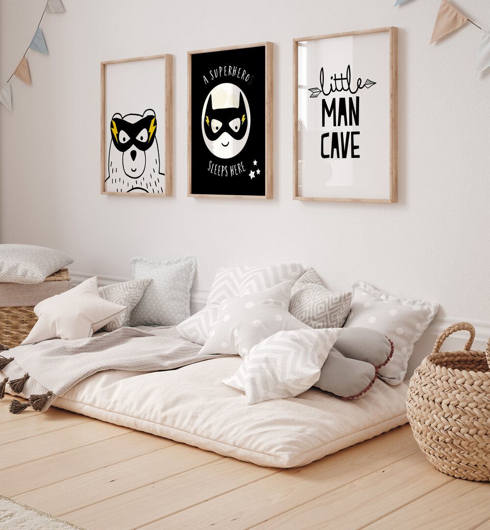 Transform your child's room with the LITTLE MAN CAVE, SET OF 3 PAINTINGS, perfect for adventure and character.