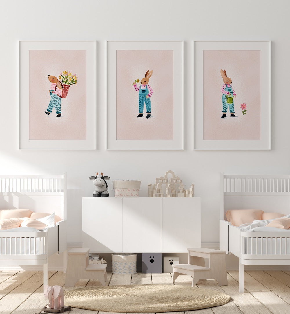 Charming LITTLE GARDENERS SET, SET OF 3 PAINTINGS brightens up kids' playroom with playful animal art.
