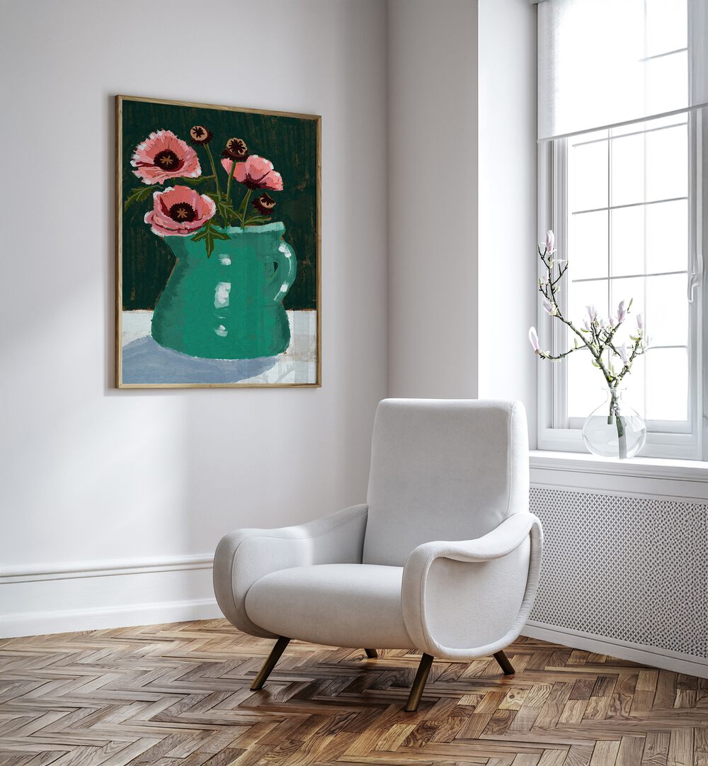 LITTLE GREEN JUG WITH POPPIES, FLORAL FLOWER PAINTINGS brightens up any space with its vibrant colors and charm.