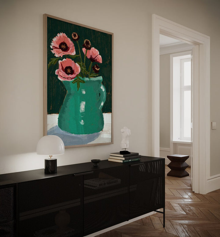 Bright and vibrant LITTLE GREEN JUG WITH POPPIES , FLORAL FLOWER PAINTINGS adds elegance to any space.