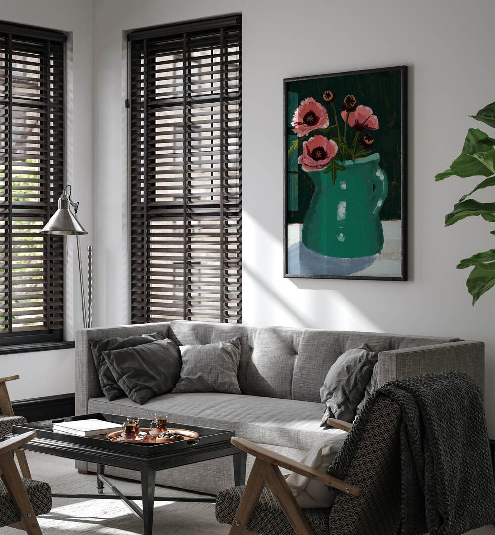 Brighten your space with the LITTLE GREEN JUG WITH POPPIES, FLORAL FLOWER PAINTINGS, perfect for any decor.