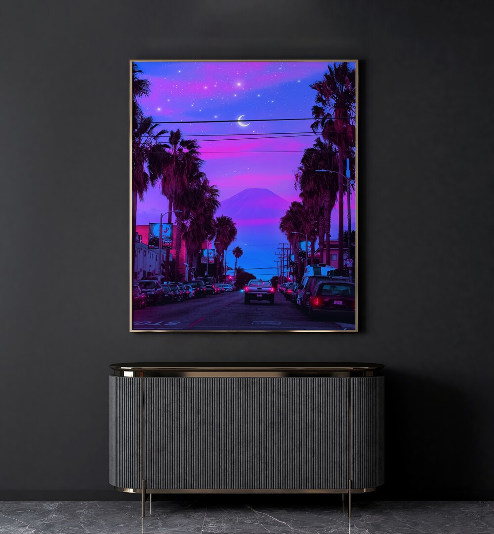 LOFI CALI, SURREAL ART PRINTS showcase a vibrant, dreamy street scene with palm trees and a mystical sky.