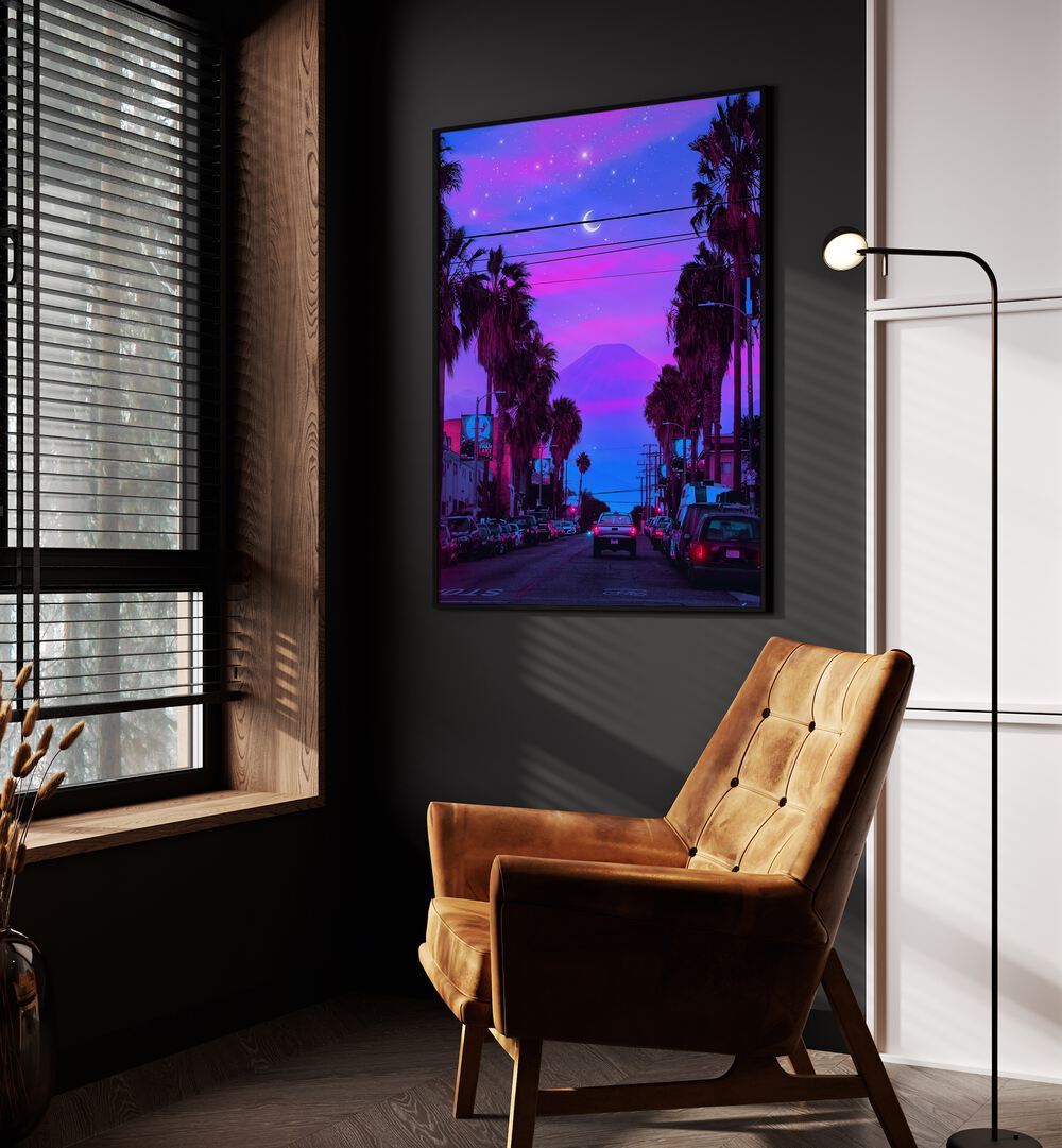 LOFI CALI, SURREAL ART PRINTS by Ritvik Takkar captures a dreamlike street scene with vibrant colors and palm trees.