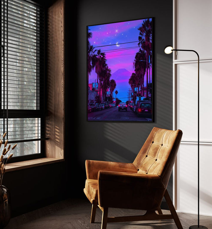 LOFI CALI, SURREAL ART PRINTS by Ritvik Takkar captures a dreamlike street scene with vibrant colors and palm trees.