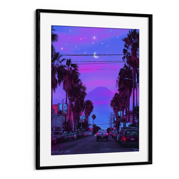 Vibrant LOFI CALI, SURREAL ART PRINTS by Ritvik Takkar showcasing a dreamy purple sunset and palm-lined street.