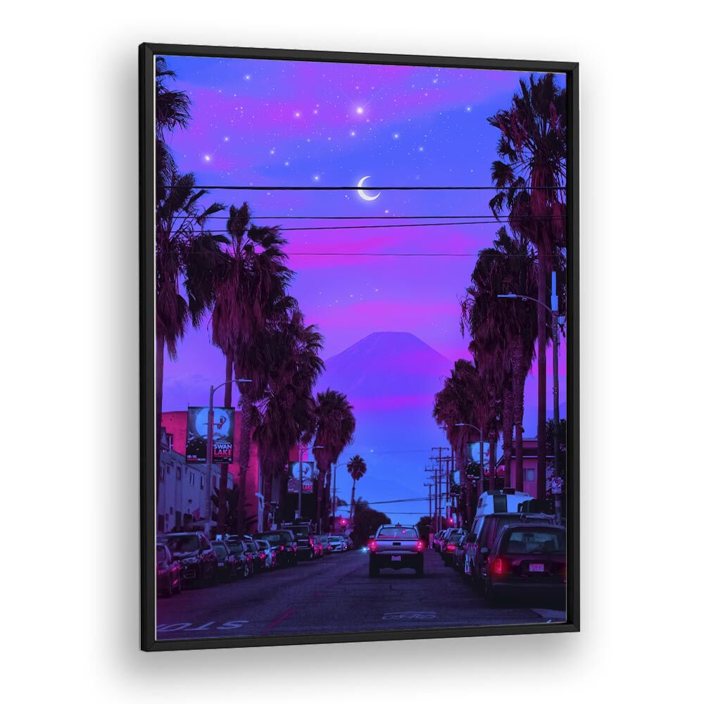 Vibrant LOFI CALI, SURREAL ART PRINTS capture a dreamy street scene filled with palm trees and a starry sky.