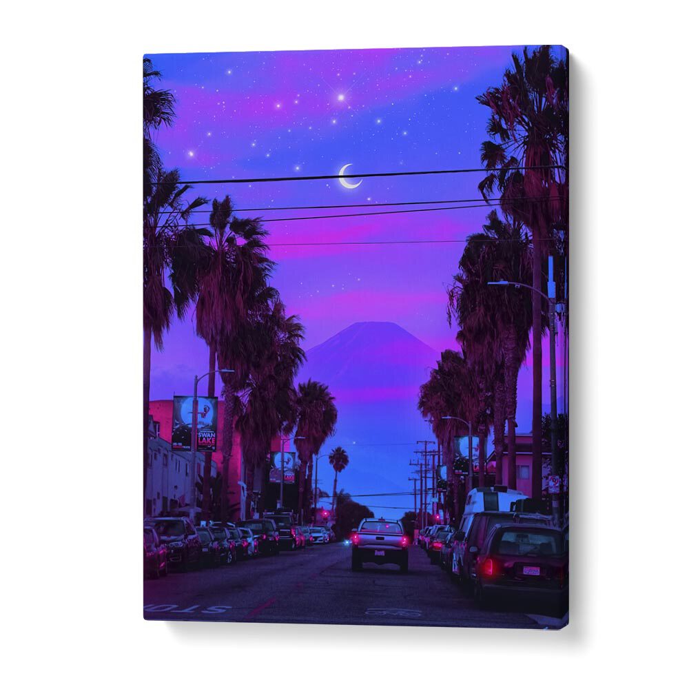 Vibrant LOFI CALI, SURREAL ART PRINTS by Ritvik Takkar captures a dreamy street scene under a cosmic sky.