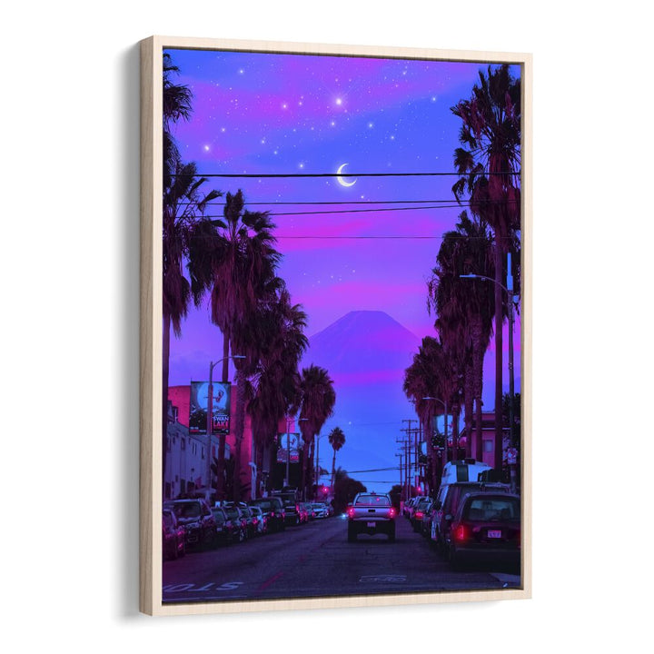 Colorful LOFI CALI, SURREAL ART PRINTS by Ritvik Takkar showcase a dreamy palm-lined street under a starry sky.