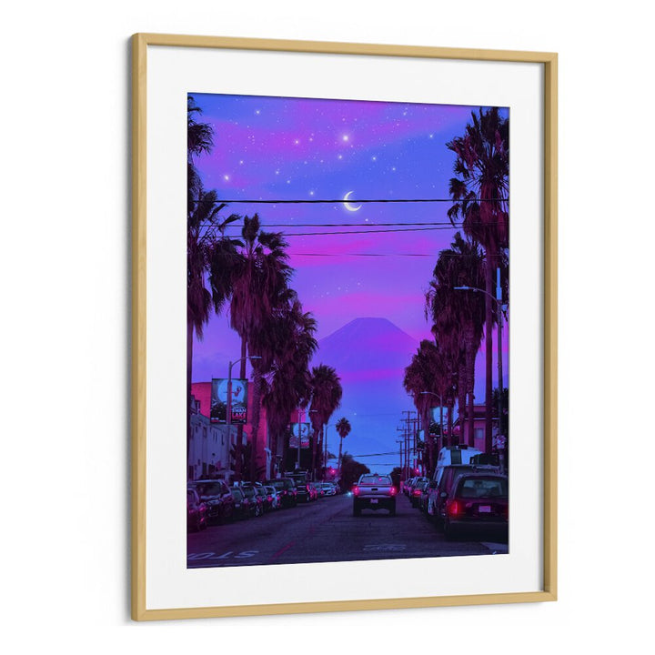 LOFI CALI, SURREAL ART PRINTS by Ritvik Takkar captures vibrant street scenes with a dreamlike sunset ambiance.