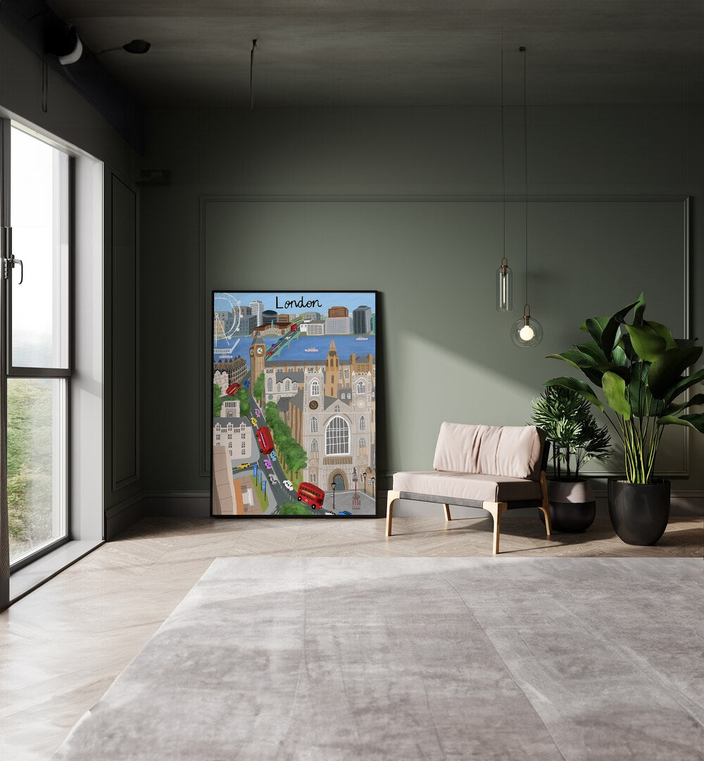 LONDON CITY WITH VIEW OF THE THAMES RIVER AND BIG BEN, TRAVEL POSTERS showcase a charming London scene by Carla Daly.