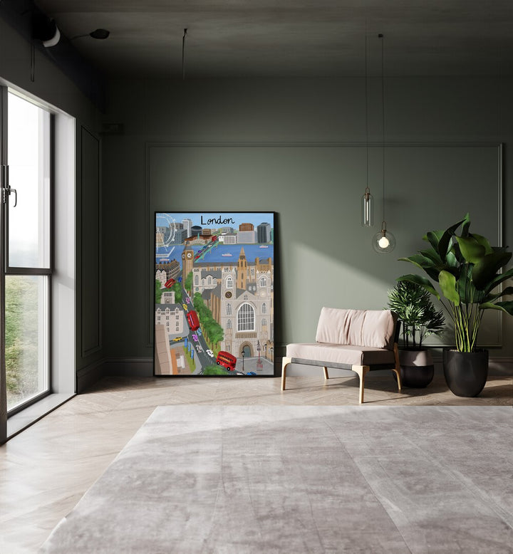 LONDON CITY WITH VIEW OF THE THAMES RIVER AND BIG BEN, TRAVEL POSTERS showcase a charming London scene by Carla Daly.