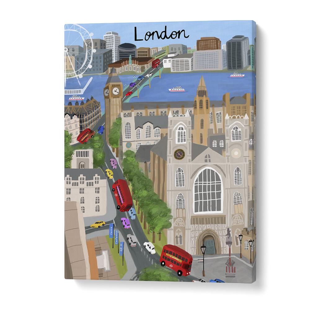 Vibrant London cityscape with the Thames River and Big Ben in stunning travel posters by Carla Daly.