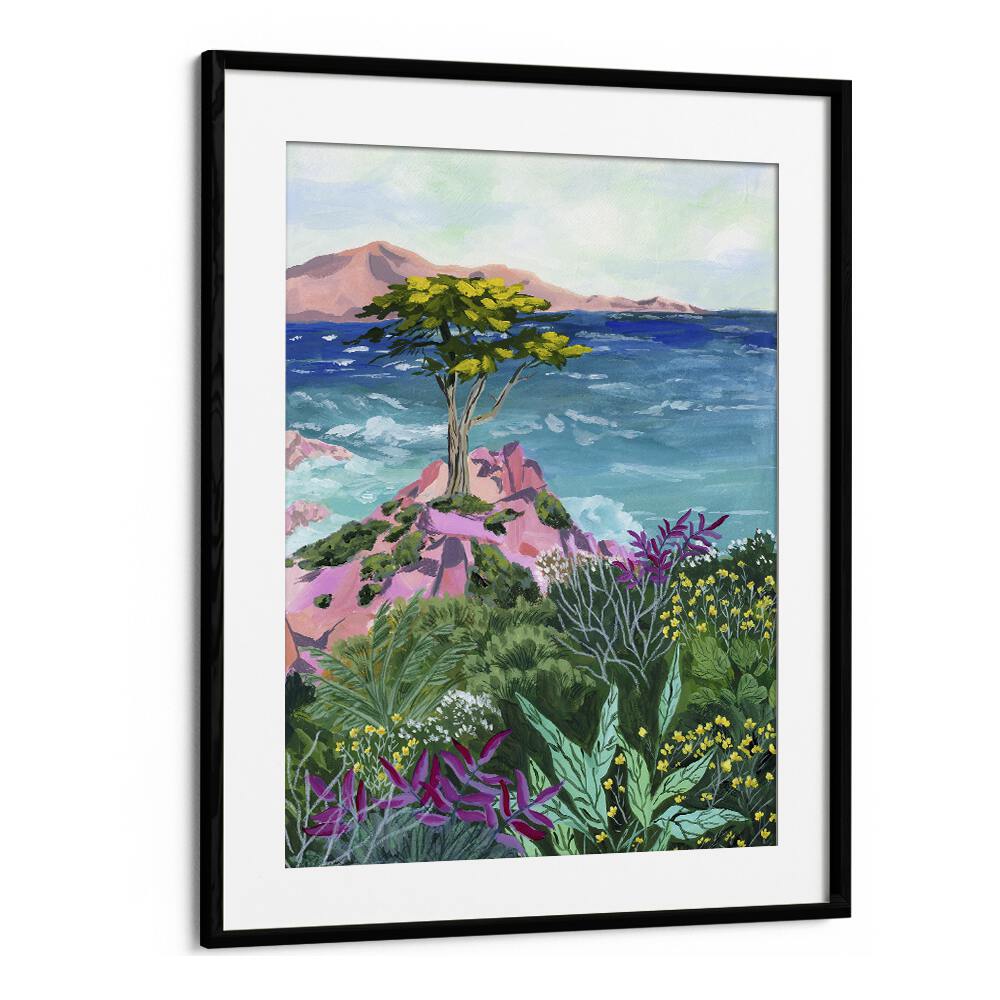 LONE CYPRESS, LANDSCAPE PAINTINGS by Sarah Gesek showcases vibrant coastal beauty in a framed art print.
