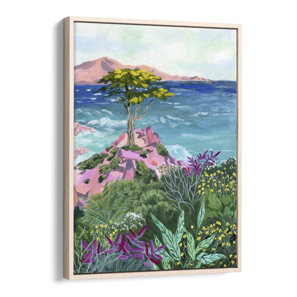 LONE CYPRESS, LANDSCAPE PAINTINGS by Sarah Gesek features vibrant coastal scenery and lush foliage in a floater frame.