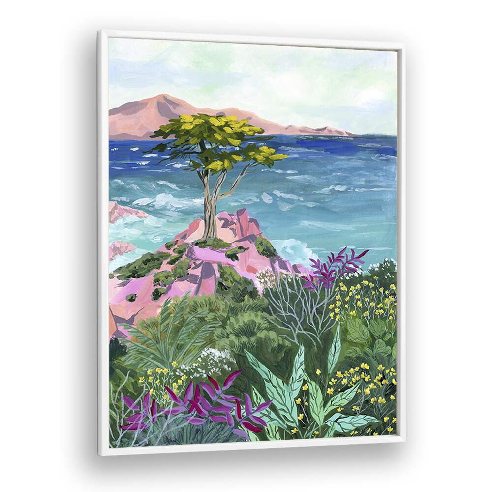 LONE CYPRESS, LANDSCAPE PAINTINGS by Sarah Gesek captures a vibrant coastal scene with lush greenery and waves.