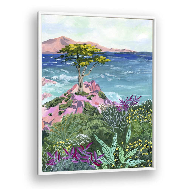 LONE CYPRESS, LANDSCAPE PAINTINGS by Sarah Gesek captures a vibrant coastal scene with lush greenery and waves.